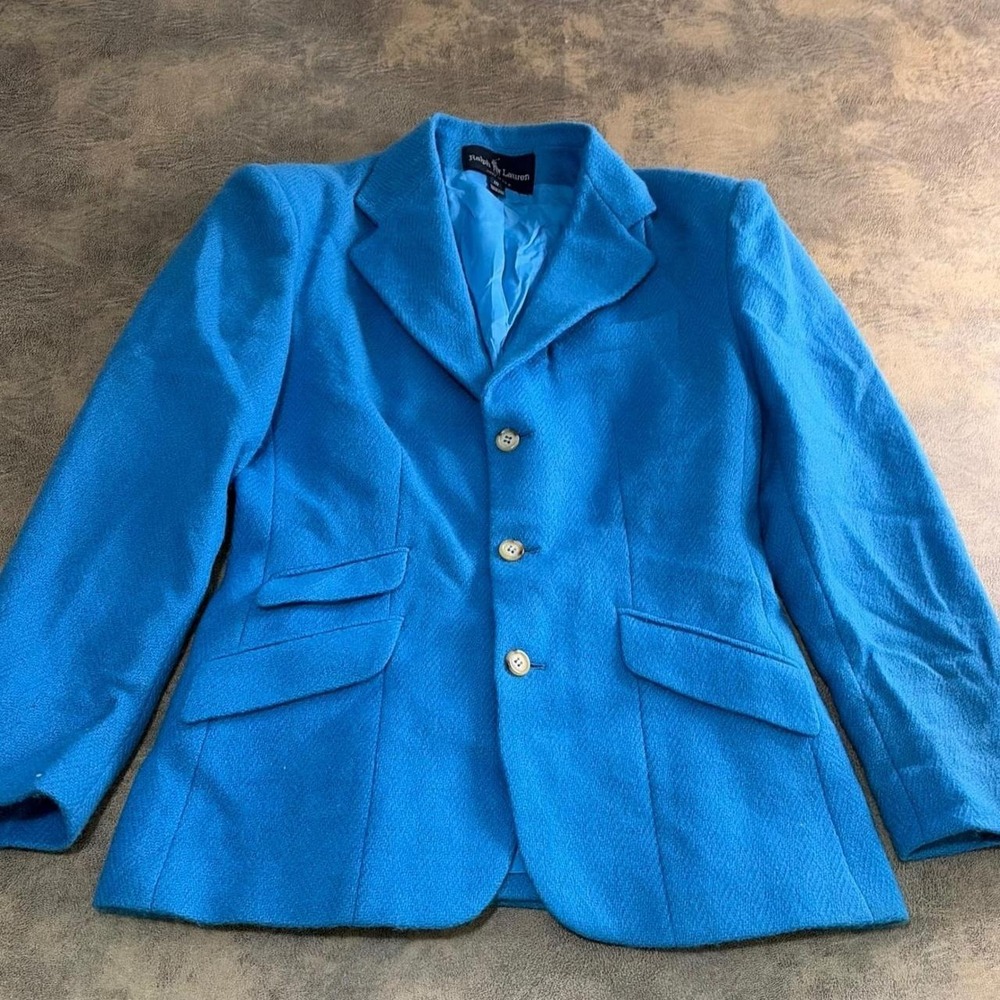 Ralph Lauren Blazer Womens 10 Blue 100% Wool Herringbone 3-Button Made in USA